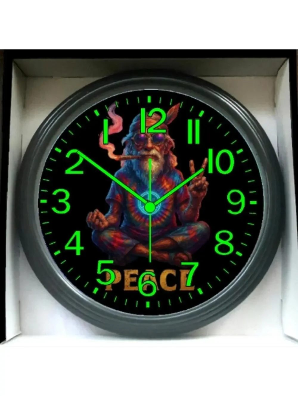 Peace Hippie Flower Power Reverse Ticking Good Leaf Glow In The Dark Wall Clock
